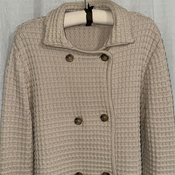 Ann Taylor XL Light Brown Tan Knit Double Breasted Collared Sweater Jacket - Picture 3 of 12